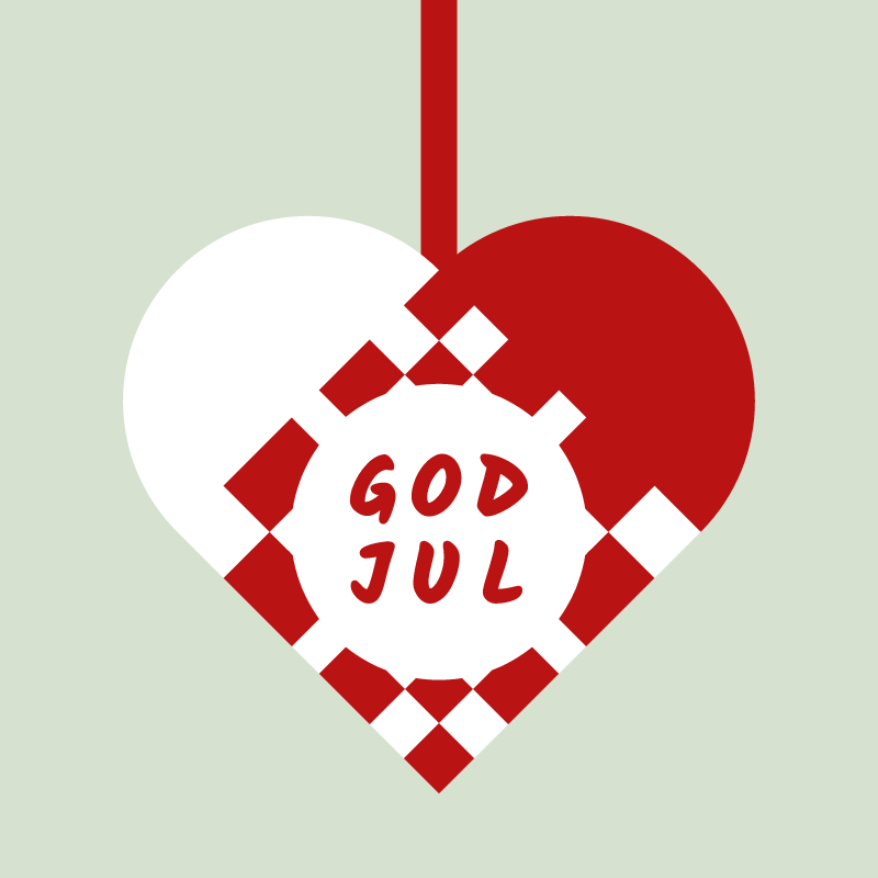 Flettet julehjerte i rødt og hvidt: GOD JUL