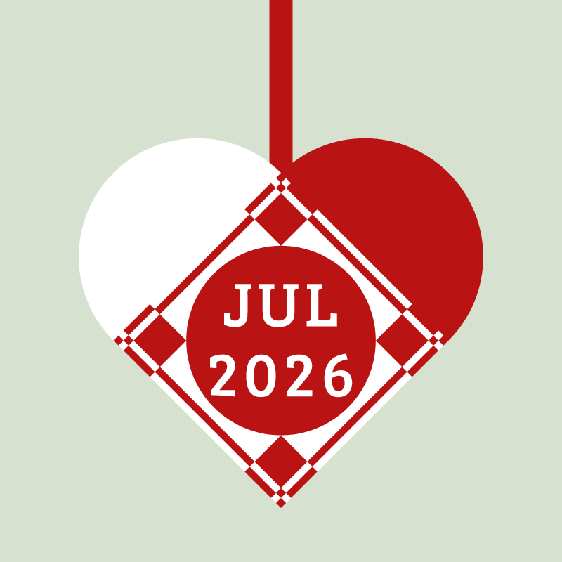 Flettet julehjerte i rødt og hvidt: JUL 2026